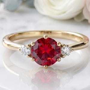 Ring met drie gesimuleerde robijnen, geboortesteen van juli, beloftesring, verguld sterling zilver