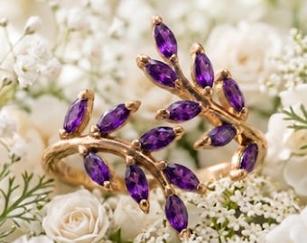 Anello con foglia di ametista, anello con ametista a taglio marquise, argento sterling 925 placcato oro, pietra portafortuna di febbraio ispirata alla natura