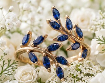 Anello a foglia con zaffiro blu in oro, anello a ramo con zaffiro marquise, anello aperto ispirato alla natura, anello di tendenza regolabile, regalo per lei