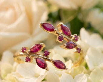 Anello con foglia di rubino simulato, anello regolabile con rubino, gemma rossa a taglio marquise, argento sterling placcato oro