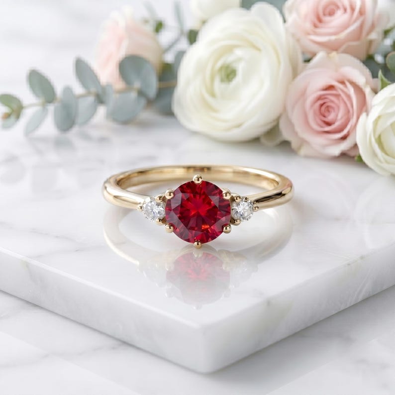 May include: A gold ring featuring a large, round, vibrant red gemstone at the centre, flanked by two smaller, clear, round-cut stones. The band is polished gold, and the ring is positioned on a white marble surface with soft-focus flowers.