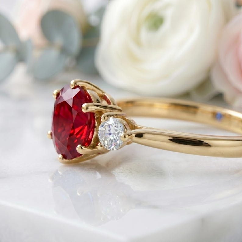 Pu&ograve; includere: Un anello in oro con una grande pietra preziosa rosso vivo a taglio ovale come pietra centrale, affiancata da un diamante bianco chiaro a taglio rotondo su ciascun lato. La fascia &egrave; in oro giallo lucido, con un classico design a tre pietre.