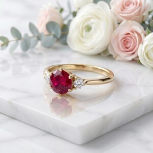 Pu&ograve; includere: Un anello in oro con una grande pietra centrale di rubino rosso, rotonda e sfaccettata, affiancata da due diamanti bianchi rotondi e trasparenti pi&ugrave; piccoli. L'anello &egrave; montato su una fascia in oro lucido con un classico design a tre pietre.