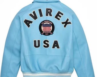 Sky Blue Real Cowhide Leather Bomber Avirex Jacket: AVIREX USA Edition, Handmade