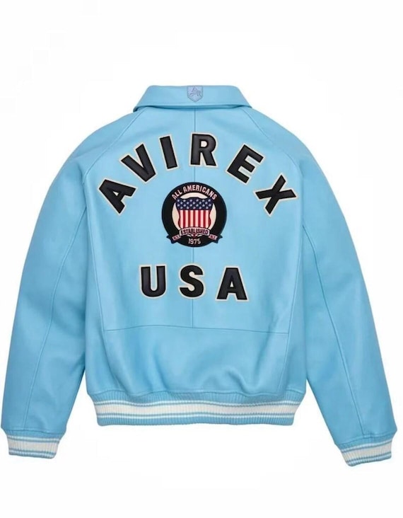 Sky Blue Real Cowhide Leather Bomber Avirex Jacket: AVIREX USA Edition, Handmade