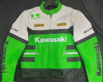 Kawasaki Racing Motorcycle Jacket. Real Cowhide Leather Handmade Vintage Biker Jacket