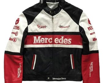 Chaqueta de cuero de carreras de F1 hecha a mano: prenda exterior Mercedes Benz Motorsport bordada, regalo para él.