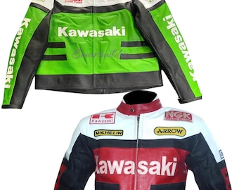 Kawasaki Men's Motorcycle Racing Jacket. Handmade Real Cowhide Leather Biker Jacket