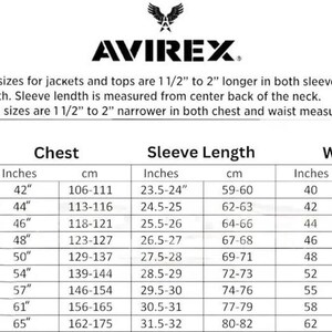 Puede incluir: Una tabla de tallas para chaquetas y tops, con medidas en pulgadas y cent&iacute;metros. La tabla incluye tallas de pecho, largo de manga y cintura, que van desde la XS hasta la 5XL. El logotipo de la marca AVIREX est&aacute; en la parte superior.