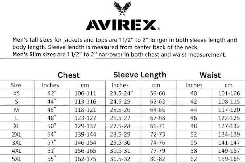 Puede incluir: Una tabla de tallas para chaquetas y tops, con medidas en pulgadas y cent&iacute;metros. La tabla incluye tallas de pecho, largo de manga y cintura, que van desde la XS hasta la 5XL. El logotipo de la marca AVIREX est&aacute; en la parte superior.