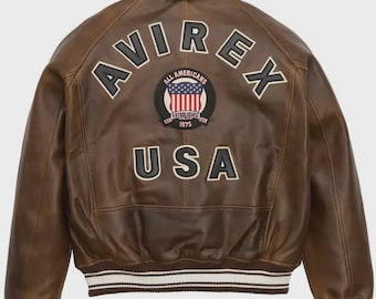 Handmade Men's Avirex Cowhide Leather Jacket - Iconic Brown USA Flight Jacket
