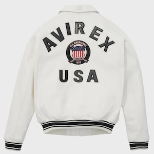 Handmade Avirex Men&#39;s White Icon USA Flight Jacket Premium Cowhide Leather Bomber Jacket, Gift For Him