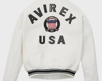 Handmade Avirex Cowhide Leather Bomber Jacket: White Icon USA Flight Jacket