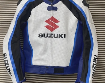Suzuki Motorbike Racing\Riding Real Leather Jacket. CE armor Motorcycle Jacket