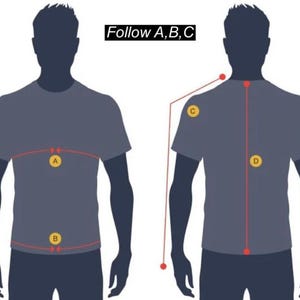 Puede incluir: Diagrama que ilustra c&oacute;mo medir a una persona para ropa. La imagen muestra una vista frontal y posterior de una persona con una camiseta gris, con l&iacute;neas rojas y etiquetas que indican los puntos de medici&oacute;n. El texto "Follow A, B, C" est&aacute; en la parte superior.