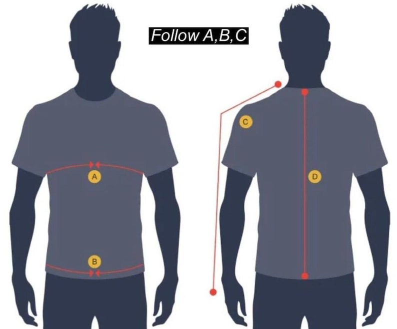 Puede incluir: Diagrama que ilustra c&oacute;mo medir a una persona para ropa. La imagen muestra una vista frontal y posterior de una persona con una camiseta gris, con l&iacute;neas rojas y etiquetas que indican los puntos de medici&oacute;n. El texto "Follow A, B, C" est&aacute; en la parte superior.
