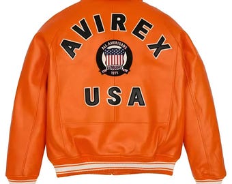 AVIREX USA Edition Orange Leather Bomber Jacket: Military Style