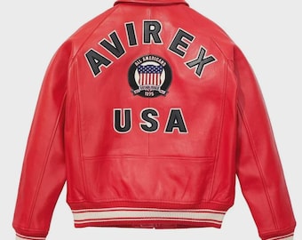 Handmade Avirex Red Cowhide Leather Bomber Jacket: Icon USA Flight Jacket