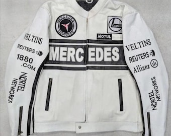 Chaqueta de carreras Mercedes AMG, chaqueta bomber deportiva de cuero blanco