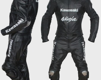 Handmade Kawasaki Motorbike Racing Real Leather Suit. Motorcycle Protected Biker Suit