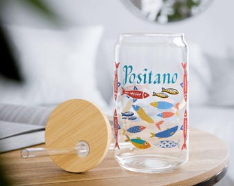 Sardine Sipper Glass, Almalfi Coast Fish Cup with Lid and Straw - Coastal Beach Travel Drinkware, Ocean Lover Gift, Summer Tumbler for