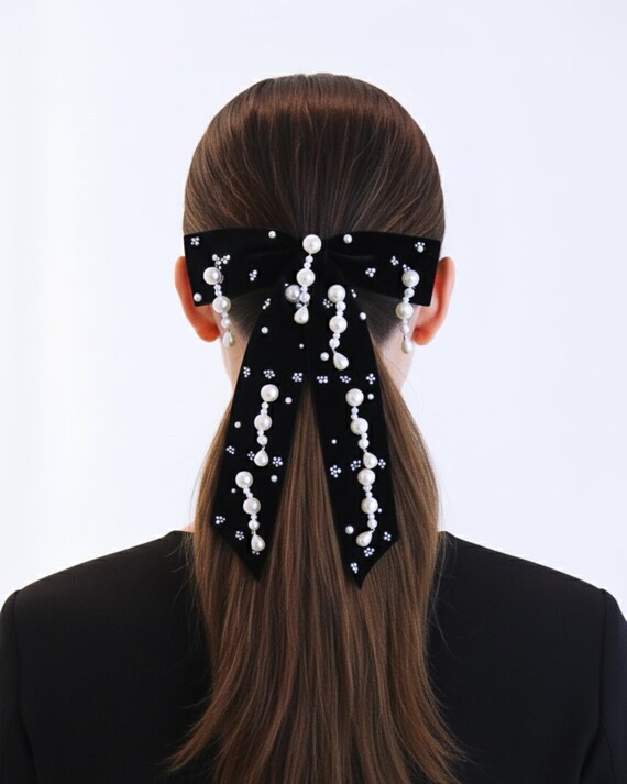 Black Pearl Vintage Velvet Hair Bow Barrette – Elegant  display picture 3