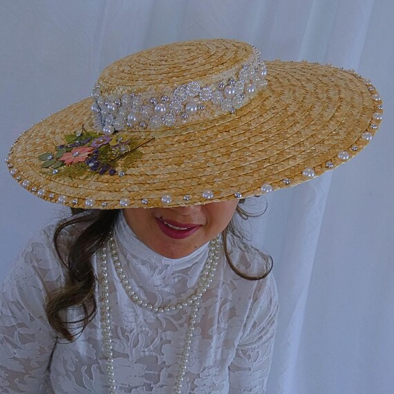 Embellished Bridal Straw Wide Brim Hat | Kentucky Derby  display picture 3