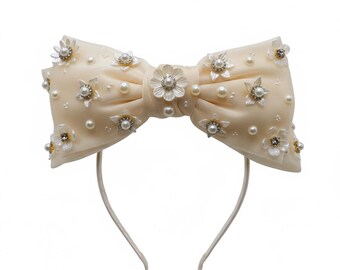 Luxus Perlen verzierte Schleife Haarband - Elegantes Kokette Accessoire für Hochzeiten & besondere Anlässe