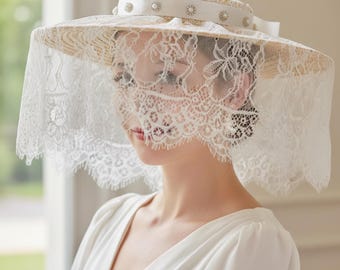 Bridal Lace & Pearl Straw Hat – Destination Bride Accessory | Honeymoon | Beach Wedding | Bridal Shower Git