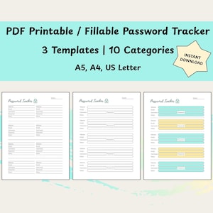 Pode incluir: Um rastreador de senhas PDF imprimível com três modelos e dez categorias, disponível nos tamanhos A5, A4 e US Letter. A imagem apresenta três layouts diferentes de rastreadores de senhas. O texto "INSTANT DOWNLOAD" está em um gráfico em forma de estrela.