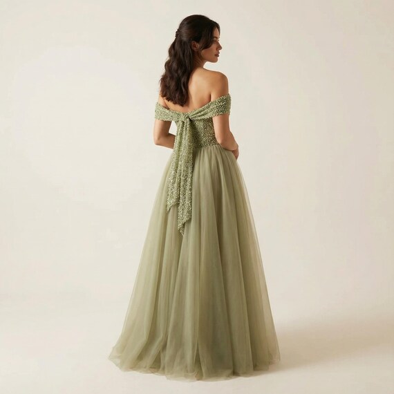 olive green off the shoulder dress Affair One-Shoulder Satin Ruched Maxi M Nana is a gorgeous long dress made of high quality chiffon A-Line Puff Sleeves Olive Green