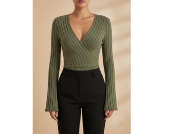 Women Ribbed Knit Top | Long Sleeve Slim Fit Stretchy Shirt | Striped Casual Winter Top