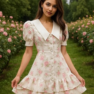 以下が含まれることがあります： クリーム色のドレス、ピンクのバラの花柄。白い襟、短いパフスリーブ、ボタンダウンフロントが特徴です。スカートはフリル裾。背景にはピンクのバラの庭があります。