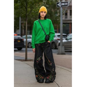 Women Floral Wide Leg Baggy Jeans, Casual Embroidered Denim Pants, Y2K Aesthetic Style, Retro Hippie Style Trousers, Korean Fashion Bottoms