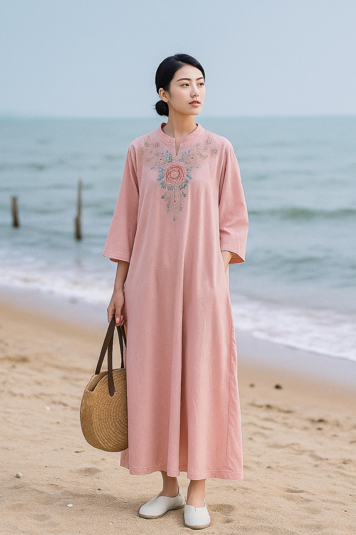 Cardydony Vintage Lotus Art Pattern Linen Blend Loose Three-quarter Sleeve Dress