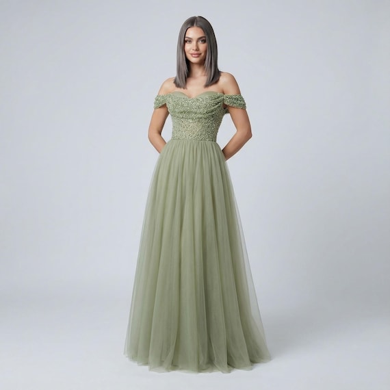 sage green prom dress Sage Green Floral Lace Ball Gown Prom Dress Off the Shoulder with Tull –  Viniodress