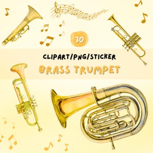 Brass Trumpet PNG Clipart Bundle - 30 Watercolor PNG Music Stickers | Digital Brass Instruments Set for Scrapbooking & Crafts