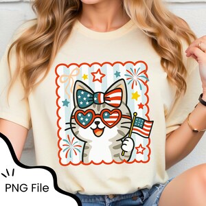 4 juillet chat PNG, Clipart chat patriotique mignon, graphique Kitty Kawaii USA, Design en sublimation jour de l&#39;indépendance, téléchargement numérique