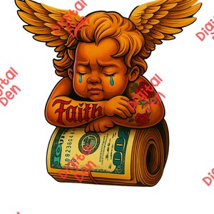 Color Tattoo Angel Art Print | Urban Cherub Money Roll Poster | Faith and Hustle Wall Decor | Hip Hop Street Style Digital Download