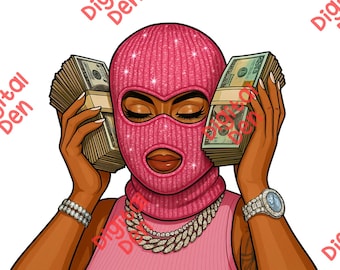 Cash Call Digital Art Print - Pinke Ski Maske Baddie mit Bargeld, Urban Luxury Hustle Kunstwerk, reiches Mädchen, ästhetische Wanddekoration, sofortiger Download