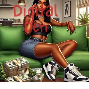 Op de afbeelding: Illustratie van een persoon op een groene bank, gekleed in een zwarte top, spijkerbroekshorts en zwart-witte high-top sneakers. Stapels contant geld en een kleine potplant staan op de voorgrond. De tekst "Digital Ben" is over de afbeelding geplaatst.