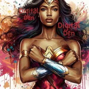 May include: Digital art print of a woman in a Wonder Woman costume. The artwork features a woman with dark hair and skin, wearing a gold headband, armbands, and a red, gold, and blue bodice. The background has colorful paint splatters.