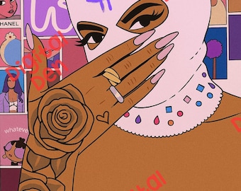 Impresión artística de una atrevida villana urbana – Descarga digital / Chica con pasamontañas rosa, tatuajes y estilo lujoso / Póster de estilo urbano para decoración de pared