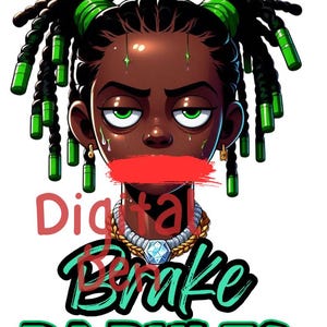 Puede incluir: Ilustración de arte digital de una persona con piel oscura, ojos verdes y trenzas verdes y negras. La persona lleva un collar de oro con un colgante de diamante. El texto "Digital Brake DARULES" está superpuesto en la imagen.