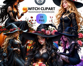 Witch Clipart Set – Retro Gothic Watercolor Style, Halloween Witches Illustration for Journals & Digital Art Projects