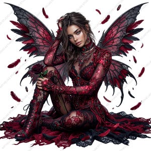 May include: A digital illustration of a seated fairy with red and black wings, holding a red rose. The fairy wears a red lace dress and boots, with black lace accents. Red feathers float around the fairy.