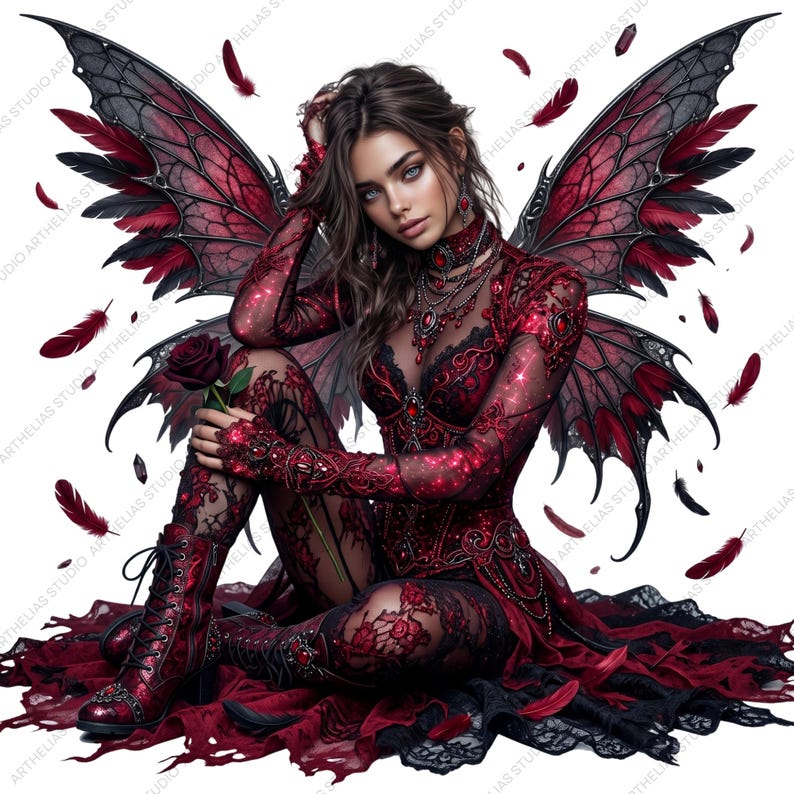May include: A digital illustration of a seated fairy with red and black wings, holding a red rose. The fairy wears a red lace dress and boots, with black lace accents. Red feathers float around the fairy.