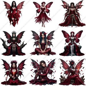 May include: Nine digital illustrations of fantasy fairies with red and black wings and gowns. Each fairy has a unique pose and hairstyle, with details like lace, jewelry, and floral accents. The overall theme is gothic fantasy.