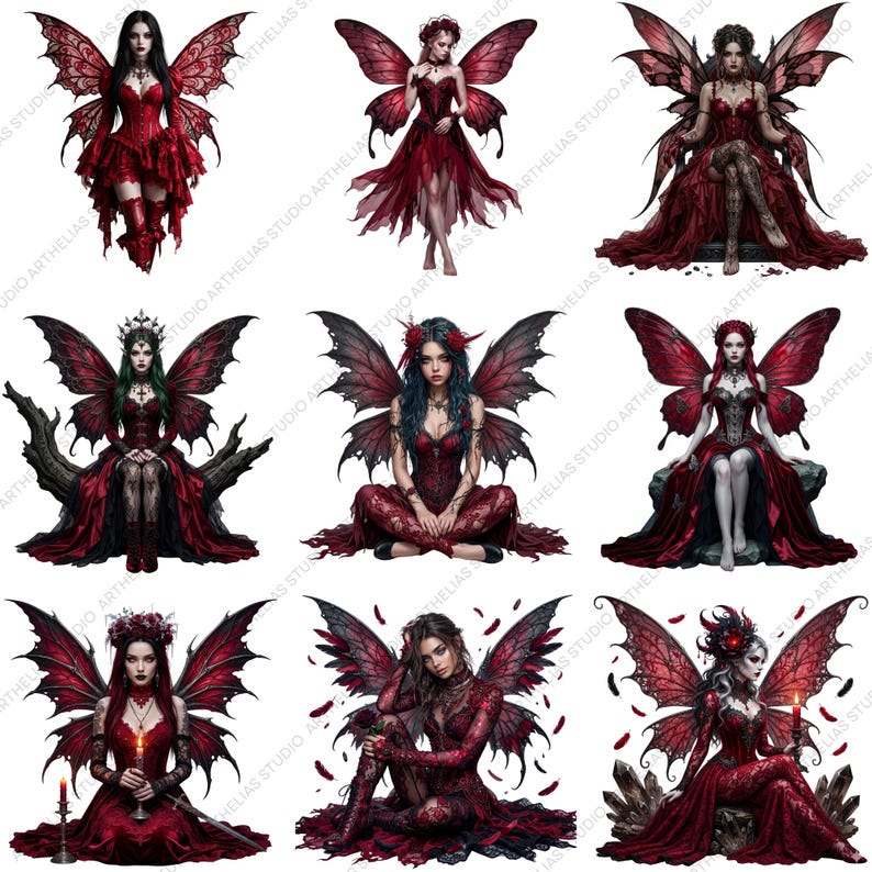 May include: Nine digital illustrations of fantasy fairies with red and black wings and gowns. Each fairy has a unique pose and hairstyle, with details like lace, jewelry, and floral accents. The overall theme is gothic fantasy.