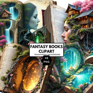 Puede incluir: Arte digital de fantasía con libros abiertos con paisajes surrealistas, cascadas y elementos arquitectónicos. La imagen incluye el texto "FANTASY BOOKS CLIPART TRANSPARENT BACKGROUND 48 PNG". La obra de arte tiene una paleta de colores vibrantes.